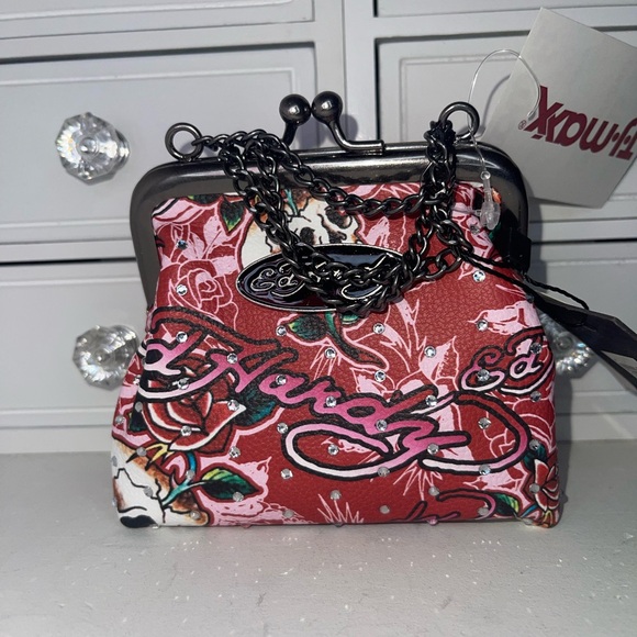NWT Ed Hardy Floral Red Bedazzled Small bag/coin purse with Chain - Picture 7 of 8